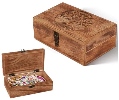 KZQ Houten Sieradendoos - Levensboom Patroon - Vlammenpatroon, Duurzaam en Milieuvriendelijk - Perfect voor het bewaren van sieraden, aandenkens en unisex cadeaus - Mangohout - 20,5 x 13 x 8 cm