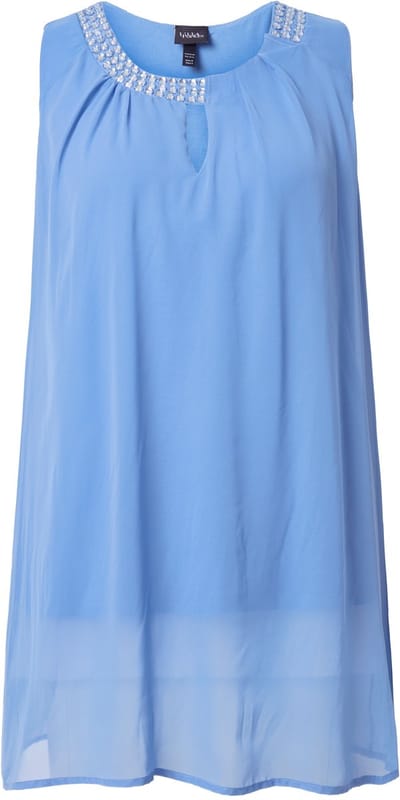 Ulla Popken - Dames - Lange tuniek siersteentjes A-lijn ronde hals mouwloos - Middenblauw - Maat 50+