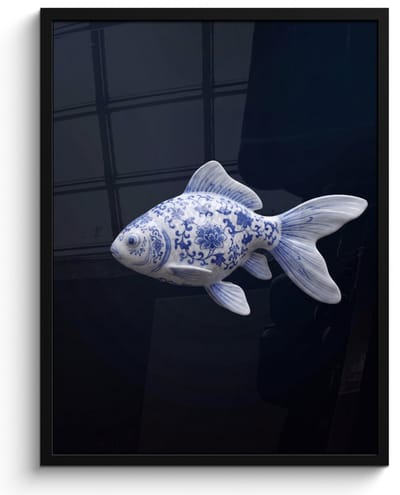 Poster in lijst - Fotolijst 60x80 cm - Posters - Porselein - Goudvis - Delfts - Blauw - Posterlijst zwart - Decoratie - Wanddecoratie woonkamer - Muurdecoratie slaapkamer