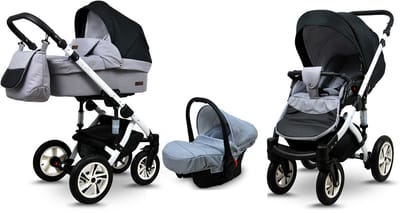 BabyLux® Kinderwagen 3in1 – SKY LARK - Silver Flex Black WHITE FRAME - Opklapbare Wandelwagen incl. Reiswieg, Multifunctionele Buggy Sportstoel, Autostoel - Combi-kinderwagen met Luiertas, Regenhoes, Klamboe, Bekerhouder, etc.