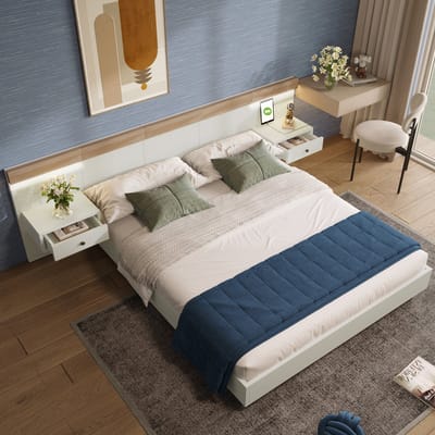 Sweiko Tweepersoonsbed met 2 LED nachtkastjes en USB-C aansluiting, 180 x 200 cm, slaapkamerset, 205x284x90,5 cm, Wit