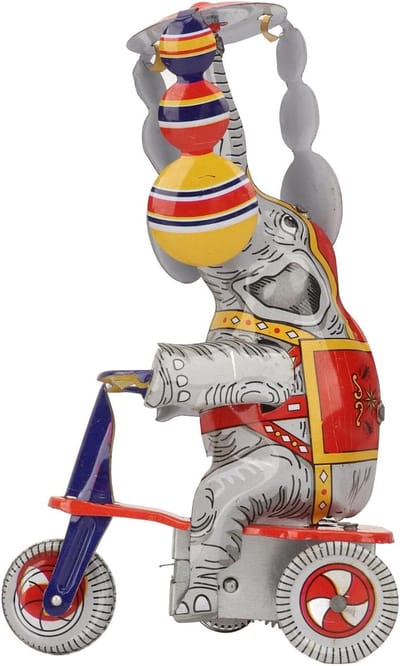 Vintage Tin Speelgoed met Olifant op Driewieler, Mechanisch Speelgoed voor Nostalgische Verzamelingen en Decoratie