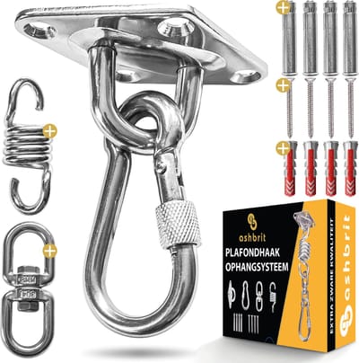 Ashbrit® Plafondhaak met Geluidsdempende Veer – RVS Ophangsysteem voor Bokszakken & Hangmatten – 360° Roteerbaar - Component-sterkte tot ca. 300kg