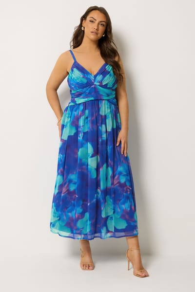 Yours London Blauwe Chiffon Maxijurk Met Bloemenprint Size 44