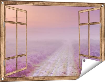 Gards Tuinposter Doorkijk Pad in de Weide tijdens de Mist - 90x60 cm - Tuindoek - Tuindecoratie - Wanddecoratie buiten - Tuinschilderij