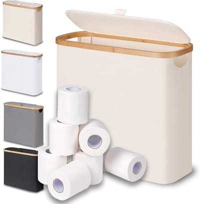 Toiletpapieropslagmand met deksel van bamboe, badkamerorganizer voor 9-12 rollen, ideaal voor kleine ruimtes en een nette uitstraling