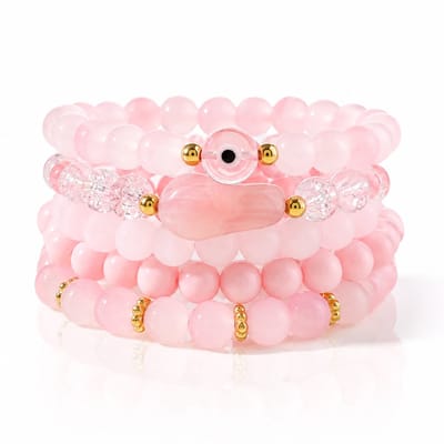 Luxamore® Dames Kralen Armband – 5-Delige Roze Armbandenset – Elastische Armbandjes met Goudkleurige Details – Boho Dames Sieraden – Cadeau voor Vrouwen