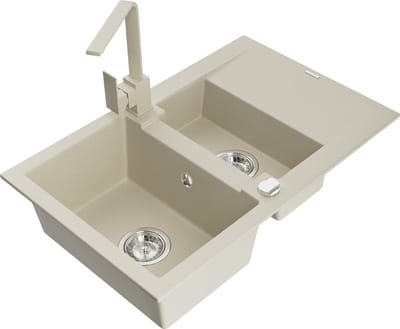 Mexen Gaspar granieten spoelbak 1,5-komorowy met afdruiprek en keukenmengkraan Rita, beige - 6507-69-670300-69