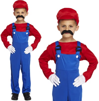 Loodgieter Mario Kostuum Kinderen - Shirt Jumpsuit En Hoed - Verkleedkleren Kinderen - Rood - Maat 140/152