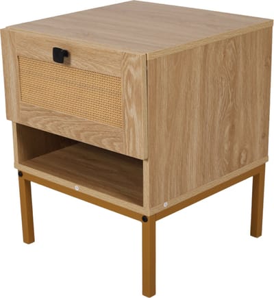 SensaHome - Nachtkastje Japandi 4 Poten - Antiek met Rotan Bovenkant - 40x40x50cm- 8.7 kg - Hout