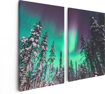 Artaza Canvas Schilderij Tweeluik Noorderlicht in de Bossen van Noorwegen - 80x60 - Foto Op Canvas - Canvas Print