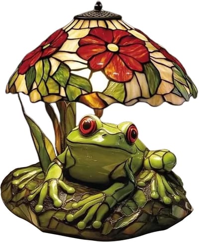 Opvallende led-leeslamp met kikker en bloemenmotief, decoratief voor bureau, kinderkamer en slaapkamer, oplaadbaar en energie-efficiënt, 20 x 10 cm