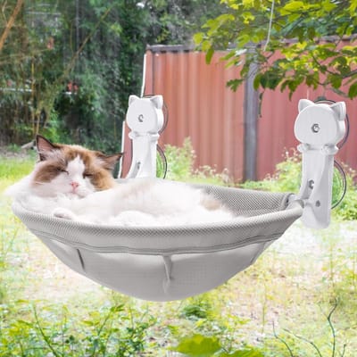 Famanu – Raambank voor katten - opvouwbaar en stabiel - ademende kattenraamhangmat voor uitkijken - zonnebaden en klimmen - maximale draagkracht tot 18 kg (grijs - net)