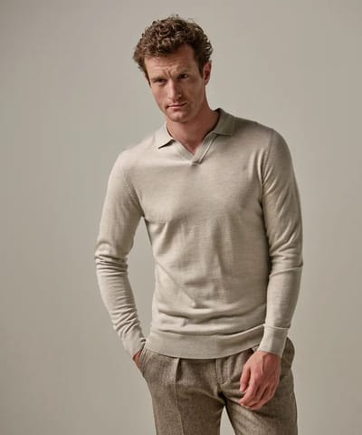 Beige merino open collar polo
