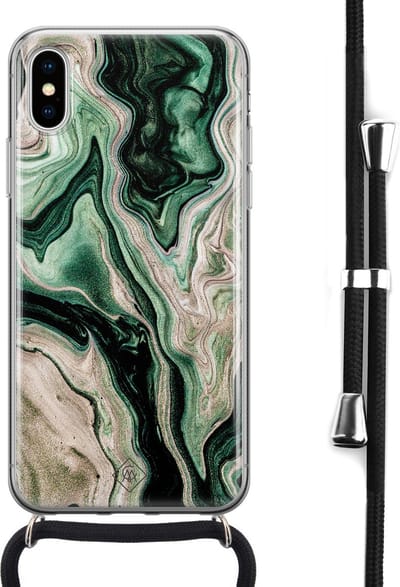Casimoda® hoesje met koord - Geschikt voor iPhone Xs - Groen marmer / Marble - Afneembaar koord - Siliconen/TPU - Groen