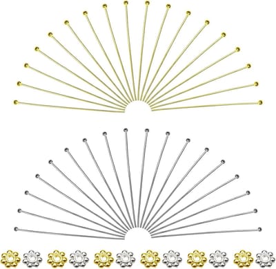 400 Stuks Ball Head Pins 50mm in Goud, Zilver en Messing met 4mm Spacer Beads voor Kettingen, Hangers en Sieraden Maken
