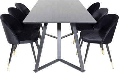 MarinaBLBL eethoek eetkamertafel zwart en 6 Velvet eetkamerstal velours zwart, messing decor.