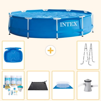 Intex Rond Frame Zwembad - 305 x 76 cm - Blauw - Inclusief Onderhoudspakket - Solar Mat - Grondzeil - Zwembadfilterpomp - Voetenbad - Ladder - 7-delig