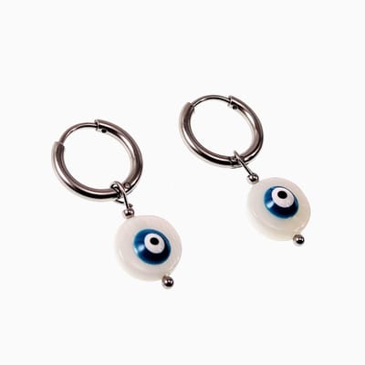 ∅14mm Oorringen met Ronde Schelp Hanger - Stalen Zilverkleur - Dames Oorbellen met Turkse Oog