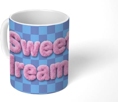 Mok - Koffiemok - Sweet dreams - Vierkanten - Roze - Blauw - Mokken - 350 ML - Beker - Koffiemokken - Theemok - Mok met Tekst