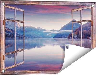 Gards Tuinposter Doorkijk Meer in de Bergen - 60x40 cm - Tuindoek - Tuindecoratie - Wanddecoratie buiten - Tuinschilderij
