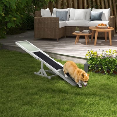 MEUNIQ Hondenwip voor agilitytraining 180 x 30 x 30 cm met anti-slip loopvlak van grenenhout, voor honden tot 30 kg, balans- en gehoorzaamheidstraining, wit