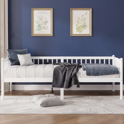 FloraGrace Bedbank 90x200 cm - 3-Zijdige Uitvalbeveiliging - Lattenbodem Met 14 Latten - Onderbedruimte - Eenpersoons Houten Bedframe - Zonder Matras - Wit