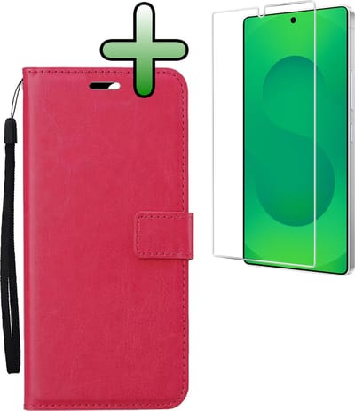 Hoesje Met Screenprotector - Geschikt voor Samsung Galaxy S25 Ultra - Luxe Pasjeshouder - Bookcase Portemonee - Flip Case - Kunstleer Book Case - Flipcase - Book Cover - Walletcase - Portemonneehoes - Donkerroze