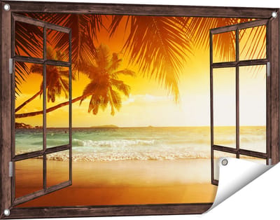 Gards Tuinposter Doorkijk Tropisch Strand tijdens Zonsondergang - 90x60 cm - Tuindoek - Tuindecoratie - Wanddecoratie buiten - Tuinschilderij