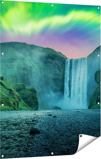 Gards Tuinposter Waterval met het Groene Noorderlicht - 90x120 cm - Tuindoek - Tuindecoratie - Wanddecoratie buiten - Tuinschilderij