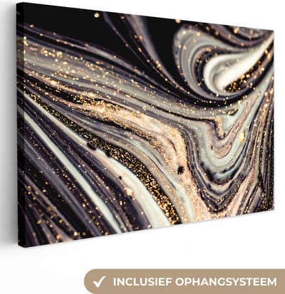 Canvas schilderij 150x100 cm - Wanddecoratie Marmerlook - Zwart - Goud - Wit - Glitter - Marmer - Muurdecoratie woonkamer - Slaapkamer decoratie - Kamer accessoires - Schilderijen op canvas
