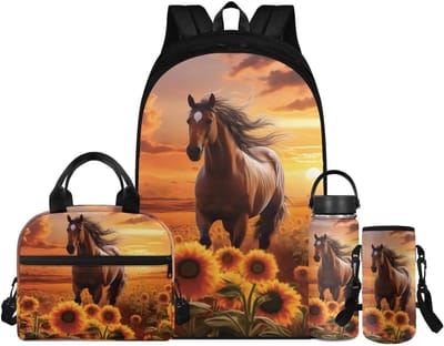 Schooltas Set - Rugzak Set - Naar School Gaan - 4-Delige Set - 17 inch - Zonnebloem Paard