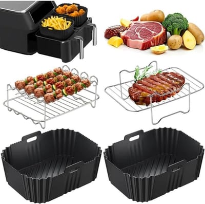 GELLDG Accessoireset voor airfryer - Geschikt voor Ninja Dual Zone AF400EU en AF300EU airfryers - Grillrooster van 304 roestvrij staal - Siliconen mal - 4-delige set - Zwart