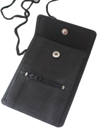 Zwart leren nektasje / hals tasje Basic met ritsje / zwarte portemonnee met veter om om te hangen / reisportemonnee / 140