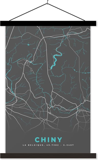 Posterhanger incl. Poster 40x60 cm - Schoolplaat - Plattegrond – Chiny – Blauw – Stadskaart - Kaart - België - Textielposter - Zwarte latten - Stadskaart