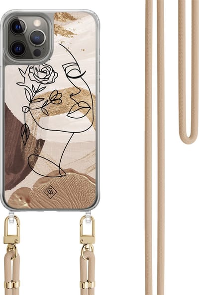 Casimoda® hoesje met beige koord - Geschikt voor iPhone 12 Pro - Abstract Gezicht Bruin - Afneembaar koord - TPU/polycarbonaat - Bruin/beige