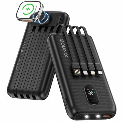 Sounix Powerbank 30.000 mAh - 22.5W Snellader - Ingebouwde kabels - Smartwatch-oplader - USB-A/USB-C/Micro-USB/Lightning - Universeel