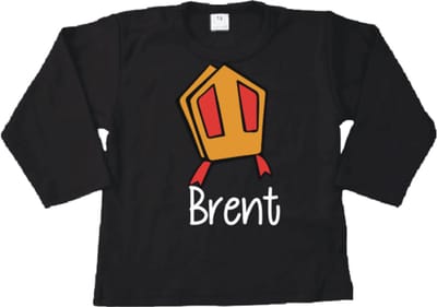 Sinterklaas Shirtje –Zwart lange mouw maat 56- Eigen Naam & Leuke Print mijter – Uniek Cadeau
