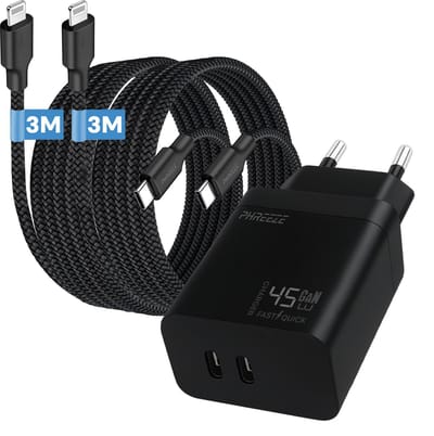 45 oplader set geschikt voor iPhone en iPad met Lightning kabel - 3 meter - Phreeze usb C Power Delivery oplader 45 W - Dual port GaN charger - Oplaadkabels inbegrepen