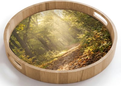 Dienblad rond 40x40 cm - Schootdienblad hout - Zonlicht - Bospad - Bomen - Borrelplank rechthoek - Plateau houten dienbladen