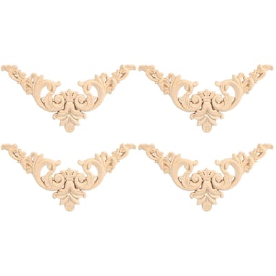 Lot de 4 appliques d'angle sculptées en bois d'hévéa, en forme de fleur, non peintes, 12 x 12 cm