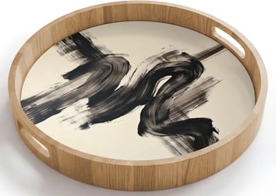 Dienblad rond 40x40 cm - Schootdienblad hout - Golven - Penseelstreken - Beige - Minimalistisch - Borrelplank rechthoek - Plateau houten dienbladen