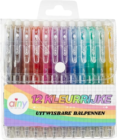 Ainy - Kleurrijke Uitwisbare Pen set 12 stuks | gekleurde uitgumbare pennen voor etui of pennenzak | ideale teken balpennen cadeauset voor kinderen en volwassenen