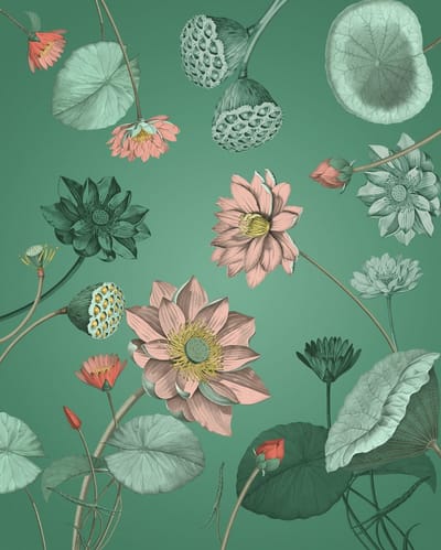 Fotobehang - Bloemen behang - Groen - Getekende bloemen - Roze - Blissful