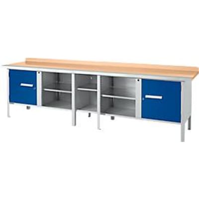 Werkbank type doos Schäfer Shop Select PWi 300-1, beuken multiplexplaat, met stalen rand, tot 750 kg, B 3000 x D 700 x H 840 mm, gentiaanblauw
