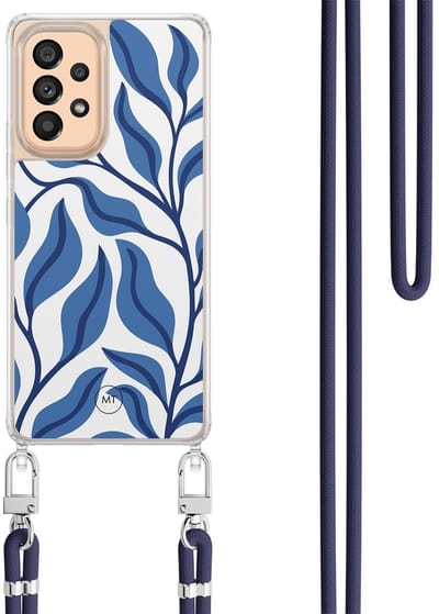 Hoesje met koord geschikt voor Samsung Galaxy A52 5G - Blue leaves - Inclusief Donkerblauw koord - Crossbody beschermhoes - Transparant, Blauw - Mooie Telefoonhoesjes