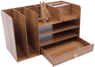 Houten bureau-organizer – Voor het organiseren van documenten, pennen en kantooraccessoires op bureau – bureau-mapenhouder met meerdere compartimenten voor thuiskantooropbergruimte – 30,0 × 15,0 × 10,0 cm – bruin en naturel – hout
