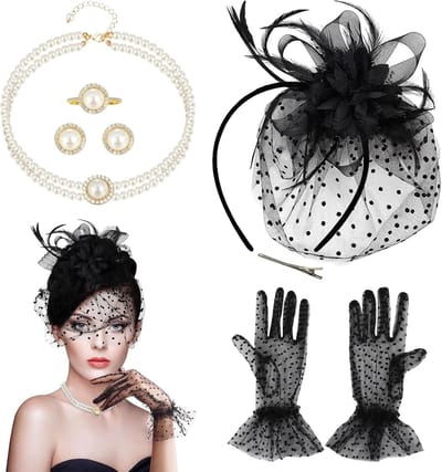 Vrouwelijke Fascinator Hoeden Set van 5, Vintage Theeparty Hoeden met Handschoenen en Nepparels voor Carnaval en Halloween Feestjes