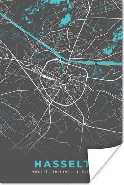 Poster België – Hasselt – Stadskaart – Kaart – Blauw – Plattegrond - 120x180 cm XXL