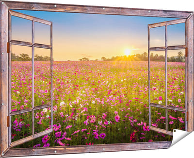 Gards Tuinposter Doorkijk Bloemenveld met Roze Kosmos - 180x120 cm - Tuindoek - Tuindecoratie - Wanddecoratie buiten - Tuinschilderij